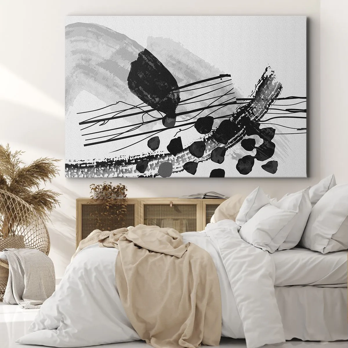 Obraz na płótnie - Czarno-biała abstrakcyjna kompozycja z organicznymi kształtami - 70x50cm - Czarno-biała abstrakcja organiczna - Nowoczesna dekoracja ścienna do salonu i sypialni ARTTOR