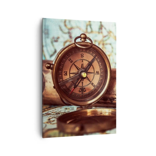Obraz na płótnie - Zestaw retro z kompasem, lunetą i mapą w klimacie podróżniczym - 70x100cm - Piracka przygoda na Karaibach czeka - Nowoczesna dekoracja ścienna do salonu i sypialni ARTTOR