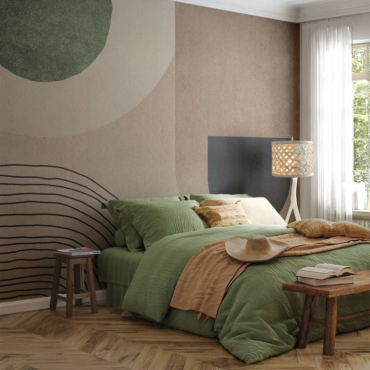 Fototapeta Premium Canvas - Geometryczne kształty w odcieniach beżu i zieleni - 100x70cm - Łagodność owalu - Nowoczesna dekoracja ścienna do salonu i sypialni ARTTOR