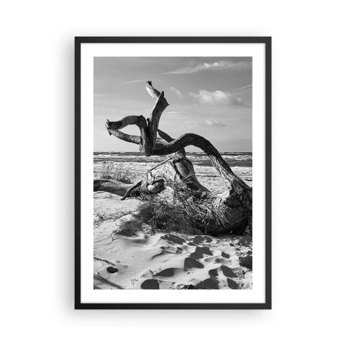 Plakat w czarnej ramie - Czarno-biała fotografia suchego drzewa na plaży - 50x70cm - Morska rzeźba - Nowoczesna dekoracja ścienna do salonu i sypialni ARTTOR
