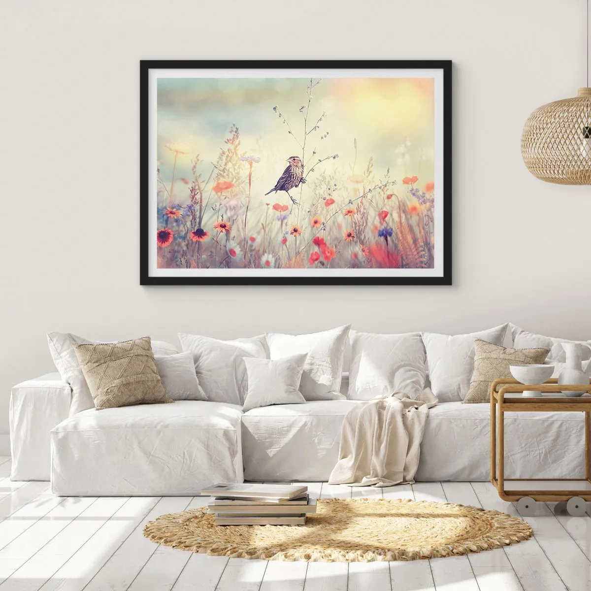 Plakat w czarnej ramie - Ptak na tle kolorowej łąki w pastelowych barwach - 70x50cm - Ptasi portret z łąką w tle - Nowoczesna dekoracja ścienna do salonu i sypialni ARTTOR