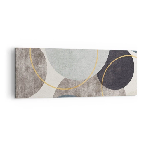 Obraz na płótnie - Geometryczne okręgi w odcieniach szarości, błękitu i złota - 140x50cm - Koło za kołem - Nowoczesna dekoracja ścienna do salonu i sypialni ARTTOR