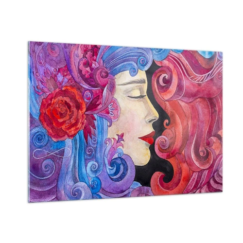 Obraz na szkle - Kolorowy portret kobiety w stylu secesji z bogatymi ornamentami - 100x70cm - Secesja wciąż żywa - Nowoczesna dekoracja ścienna do salonu, kuchni i sypialni ARTTOR