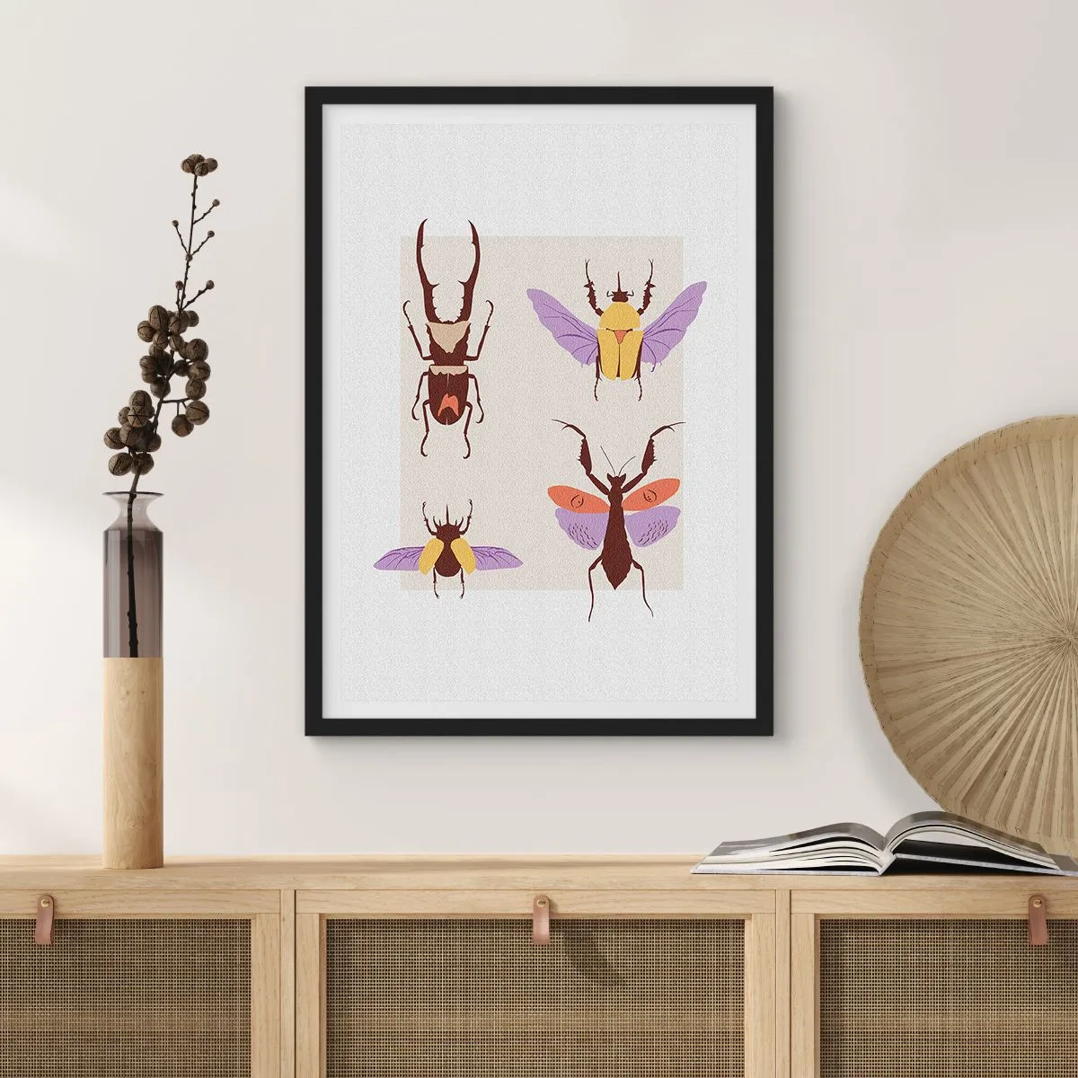 Plakat w czarnej ramie - Kolorowe chrząszcze na jasnym tle - 50x70cm - Owadzi świat - Nowoczesna dekoracja ścienna do salonu i sypialni ARTTOR
