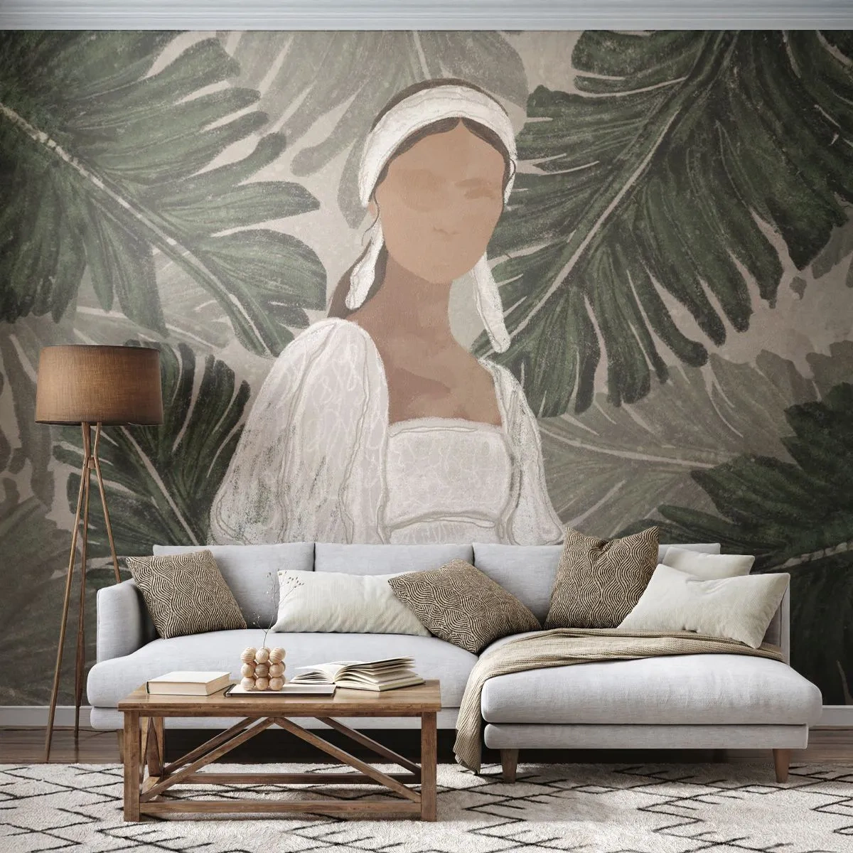 Fototapeta Premium Sand - Portret egzotyczny - Boho, Kobieta, Liście - 150x105 cm