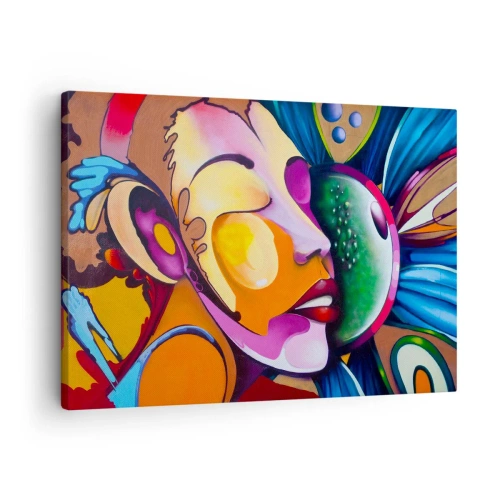 Obraz na płótnie - Kolorowa abstrakcja z motywem twarzy w dynamicznej kompozycji - 70x50cm - Dotknąć kolorem - Nowoczesna dekoracja ścienna do salonu i sypialni ARTTOR