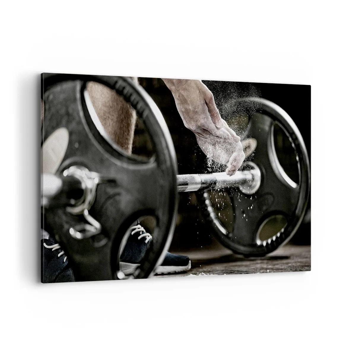 Obraz na płótnie - Hantle i ręce sportowca przygotowujące się do treningu - 120x80cm - Wyzwanie podjęte! - Nowoczesna dekoracja ścienna do salonu, kuchni i sypialni ARTTOR