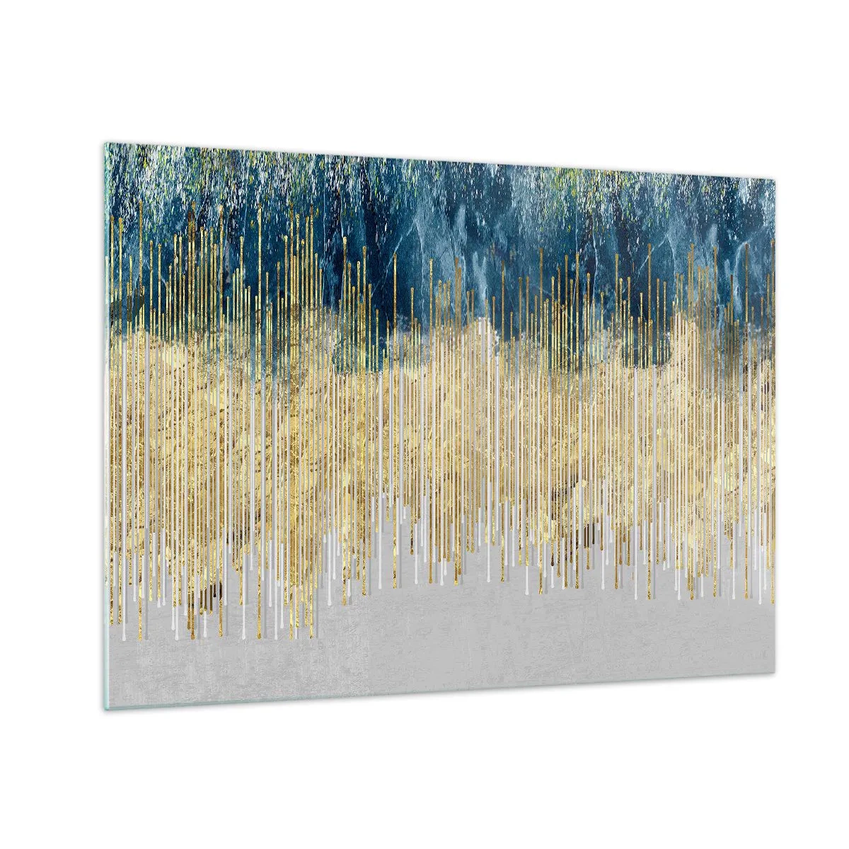 Obraz na szkle - Złote pionowe linie na tle ciemnoniebieskiego lasu - 70x50cm - Wyzłocona granica - Nowoczesna dekoracja ścienna do salonu i sypialni ARTTOR