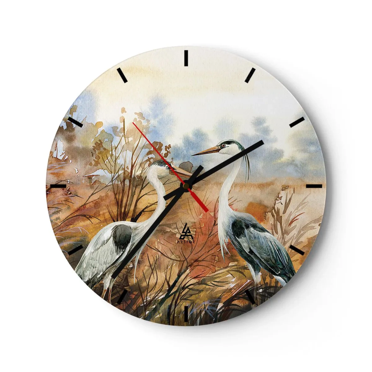 Zegar ścienny - Dwa żurawie w jesiennym krajobrazie malowanym akwarelą - 30x30cm - Dokąd jesienią? - Nowoczesna dekoracja ścienna do salonu, kuchni i sypialni ARTTOR