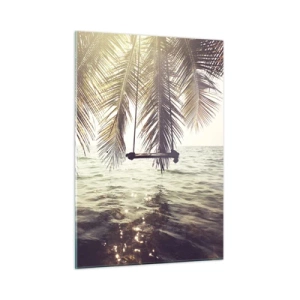Obraz na szkle - Plaża z palmami i huśtawką nad spokojnym morzem - 50x70cm - Można bujać w obłokach do woli - Nowoczesna dekoracja ścienna do salonu, kuchni i sypialni ARTTOR