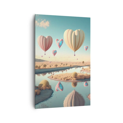 Obraz na płótnie - Balony w kształcie serc unoszące się nad krajobrazem - 80x120cm - Miłość pozwala wznieść się - Nowoczesna dekoracja ścienna do salonu i sypialni ARTTOR