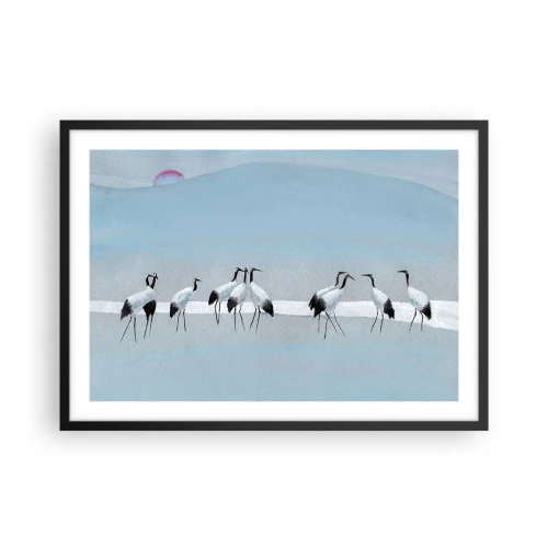 Plakat w czarnej ramie - Grupa żurawi na tle błękitnego nieba i wschodzącego słońca - 70x50cm - Po gorącym dniu - Nowoczesna dekoracja ścienna do salonu i sypialni ARTTOR