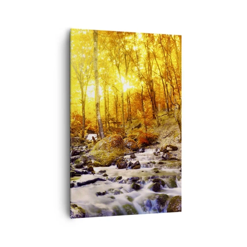 Obraz na płótnie - Jesienny las z potokiem wśród złotych liści - 80x120cm - Kamienie oprawne w złoto i platynę - Nowoczesna dekoracja ścienna do salonu i sypialni ARTTOR