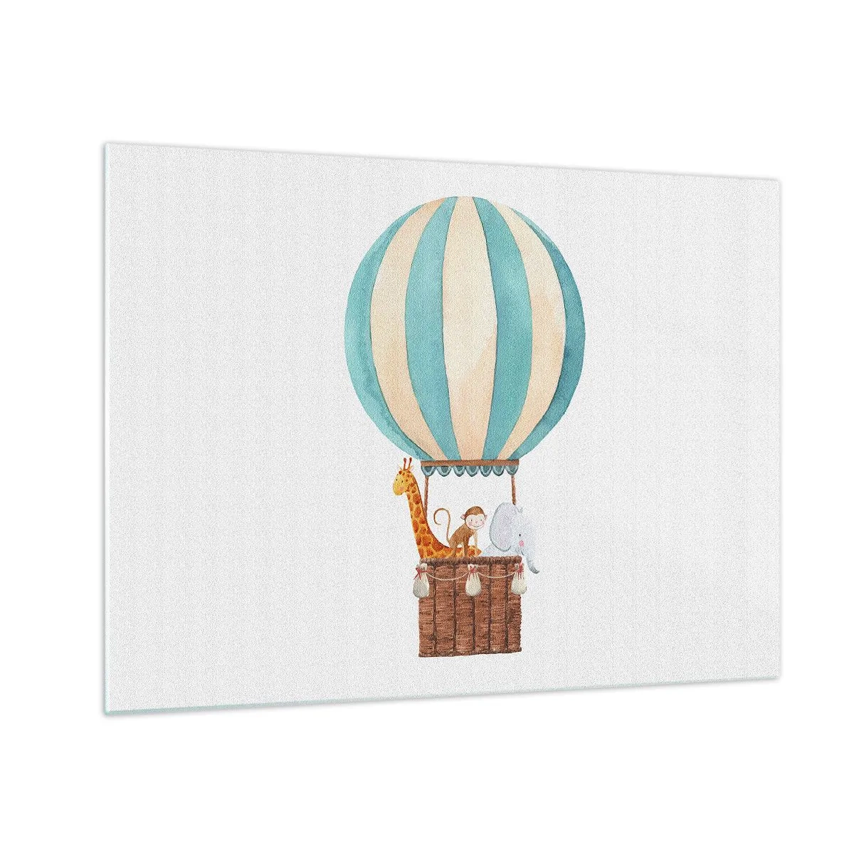 Obraz na szkle - Balon z żyrafą, małpką i słonikiem na białym tle - 70x50cm - Fantastyczna wycieczka - Nowoczesna dekoracja ścienna do salonu i sypialni ARTTOR
