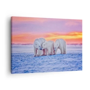 Obraz na płótnie - Trzy niedźwiedzie polarne na tle arktycznego zachodu słońca - 70x50cm - Wystarczy rodzinne ciepło - Nowoczesna dekoracja ścienna do salonu i sypialni ARTTOR