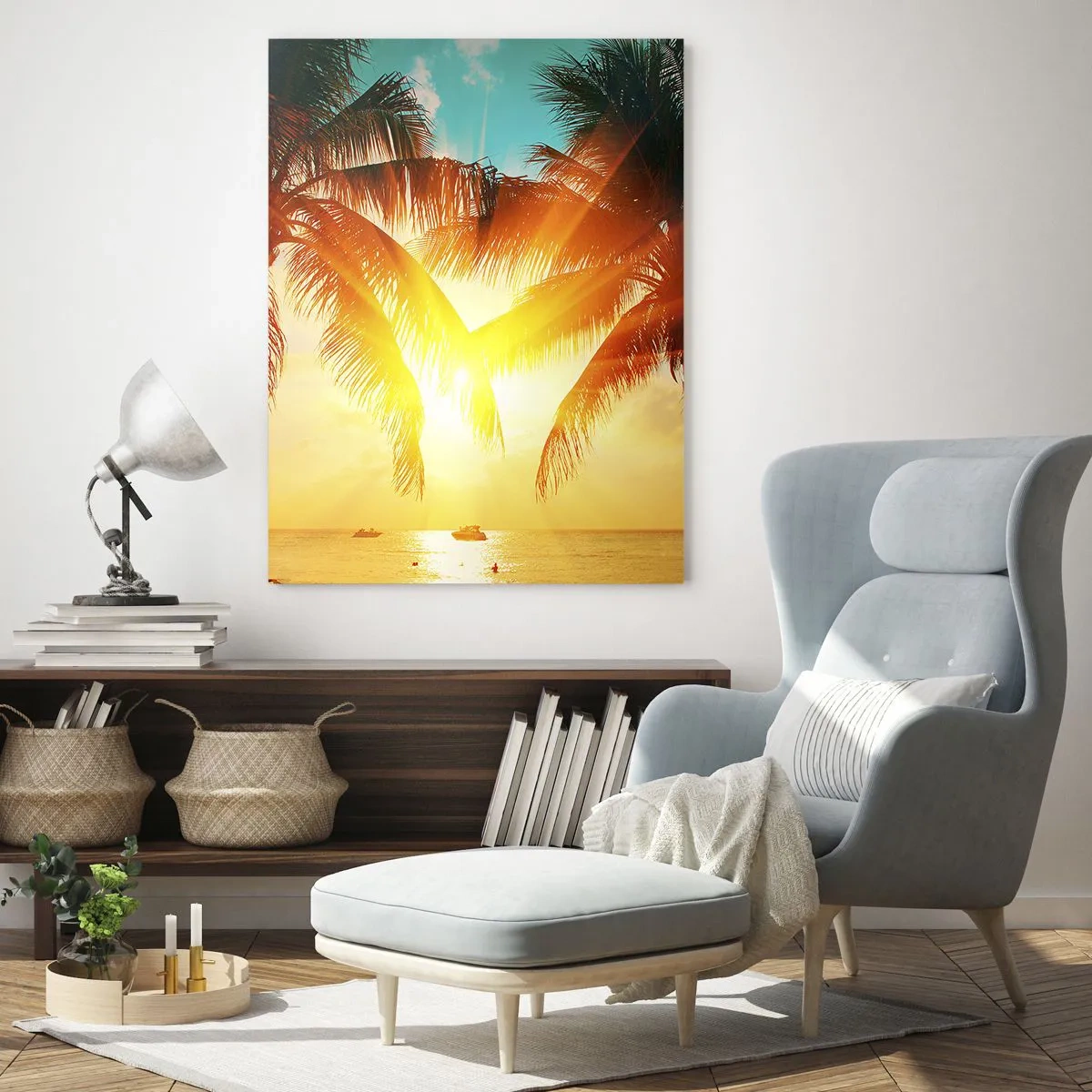 Obraz na szkle - Palmy oświetlone ciepłym światłem zachodzącego słońca - 70x100cm - Egzotyczna para - Nowoczesna dekoracja ścienna do salonu i sypialni ARTTOR
