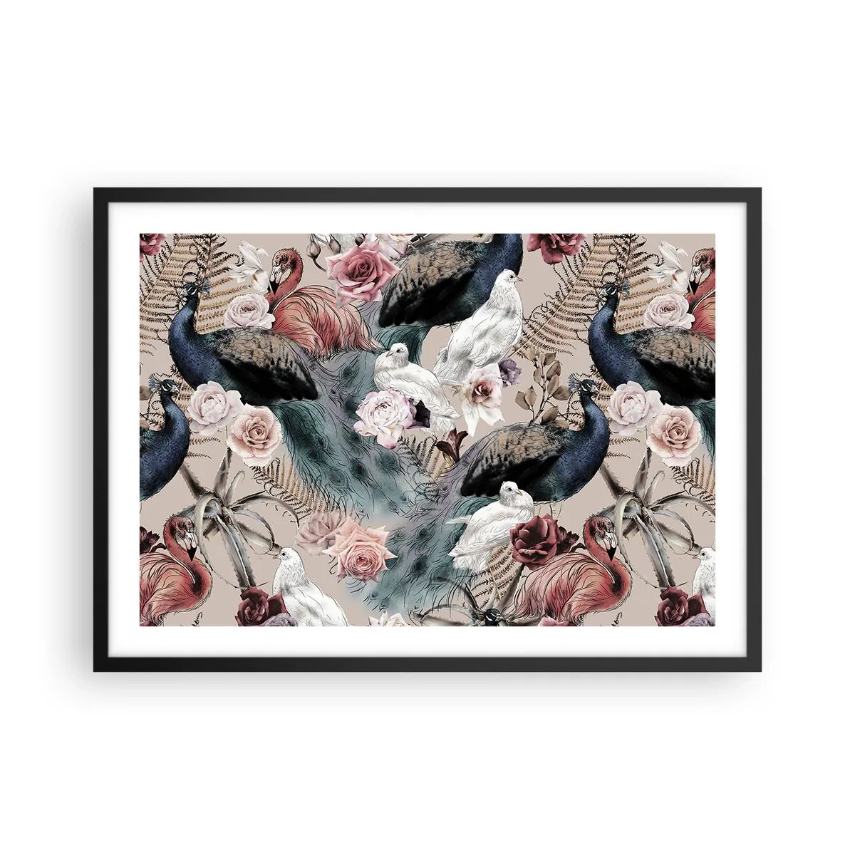 Plakat w czarnej ramie - Pejzaż z pawimi piórami, różami i ptakami w romantycznym stylu - 70x50cm - W pałacowym ogrodzie - Nowoczesna dekoracja ścienna do salonu i sypialni ARTTOR