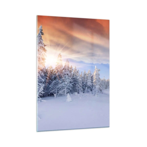 Obraz na szkle - Zimowy krajobraz z zaśnieżonymi drzewami o zachodzie słońca - 50x70cm - Snieżny spektakl natury - Nowoczesna dekoracja ścienna do salonu, kuchni i sypialni ARTTOR