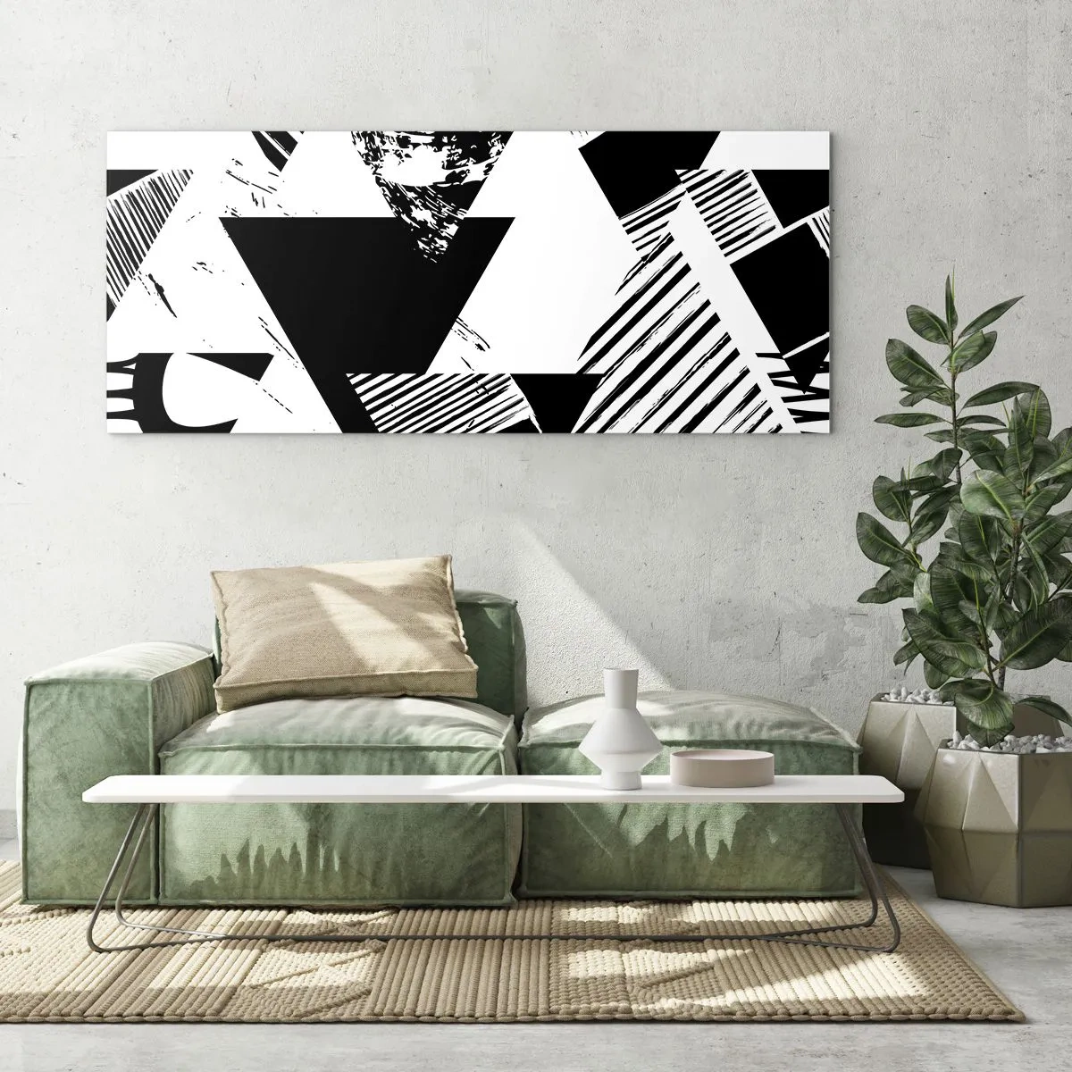 Obraz na szkle - Geometryczne wzory w czarno-białej minimalistycznej formie - 140x50cm - Deszcz trójkątów - Nowoczesna dekoracja ścienna do salonu i sypialni ARTTOR