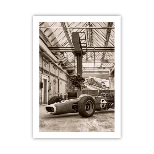 Plakat - Kultowy samochód wyścigowy w industrialnym wnętrzu - 50x70cm - Odpoczynek zwycięzcy - Nowoczesna dekoracja ścienna do salonu, kuchni i sypialni ARTTOR
