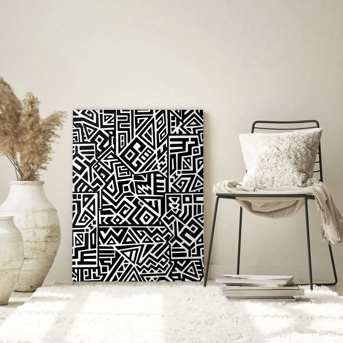 Obraz na szkle - Czarno-biały wzór inspirowany sztuką plemienną - 50x70cm - Kompozycja prekolumbijska - Nowoczesna dekoracja ścienna do salonu, kuchni i sypialni ARTTOR