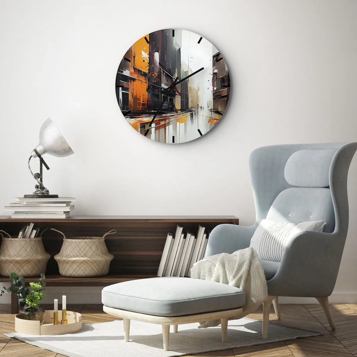 Zegar ścienny - Abstrakcyjna scena miejskiej ulicy z pomarańczowym światłem i deszczem - 30x30cm - Deszczowy dzień - Nowoczesna dekoracja ścienna do salonu, kuchni i sypialni ARTTOR