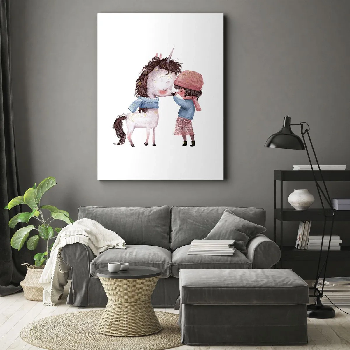Obraz na płótnie - Dziewczynka przytulająca jednorożca, oboje w zimowych ubraniach na białym tle - 50x70cm - Zimowa opowieść - Nowoczesna dekoracja ścienna do salonu, kuchni i sypialni ARTTOR