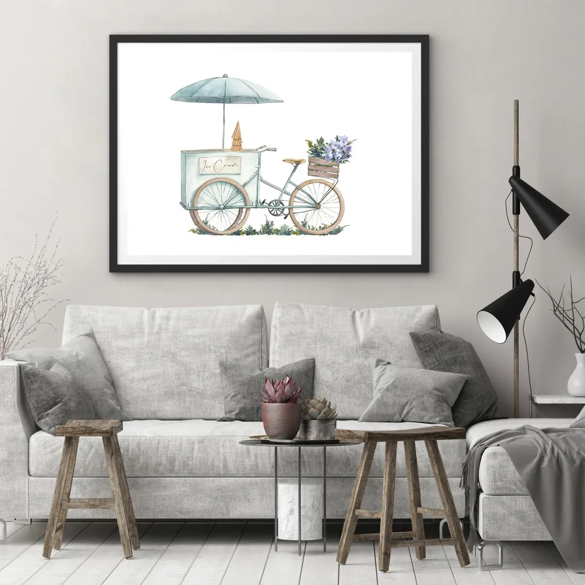 Plakat w czarnej ramie - Rower z lodami i kwiatami pod parasolem w delikatnej pastelowej kolorystyce - 70x50cm - Słodkie wspomnienie lata - Nowoczesna dekoracja ścienna do salonu i sypialni ARTTOR