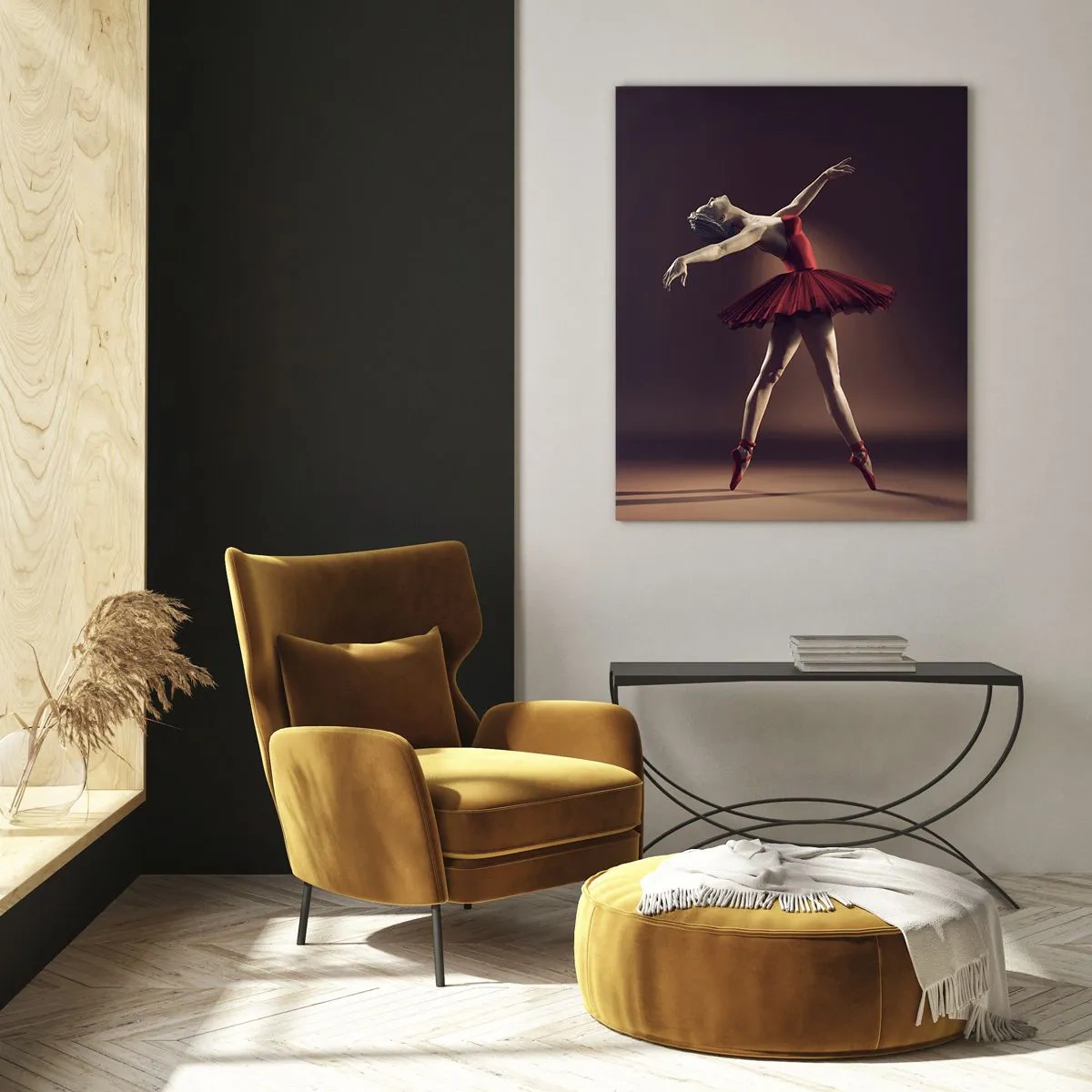 Obraz na szkle - Tancerka baletowa w czerwonej sukni na tle sceny - 70x100cm - Prima ballerina - Nowoczesna dekoracja ścienna do salonu i sypialni ARTTOR