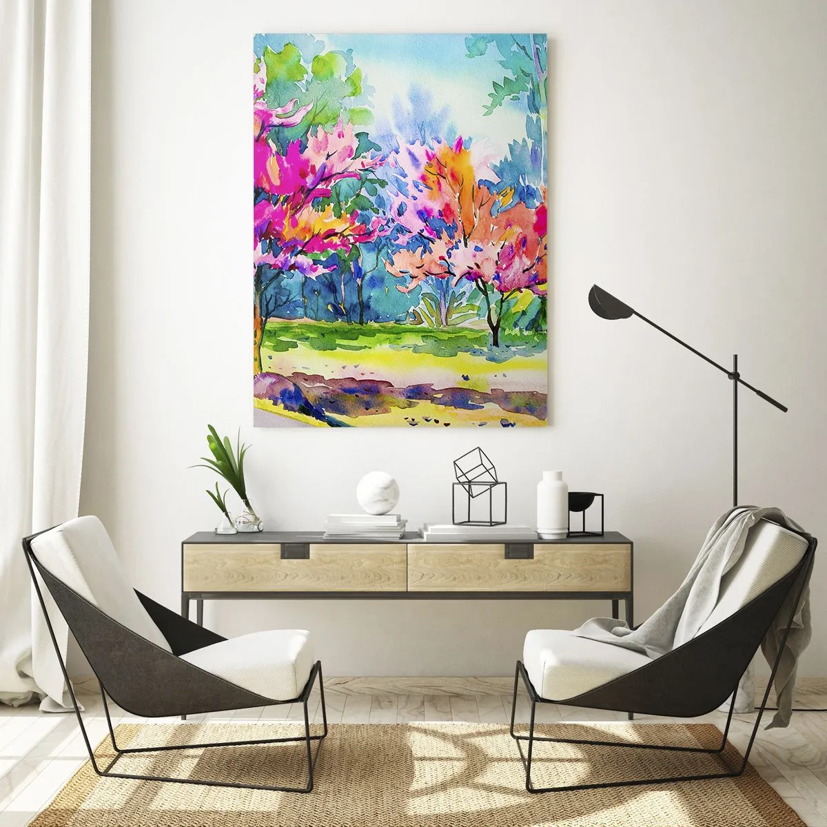 Obraz na szkle - Kolorowe drzewa w parku w stylu akwarelowym - 70x100cm - Tęczowy ogród w wiosennym blasku - Nowoczesna dekoracja ścienna do salonu i sypialni ARTTOR