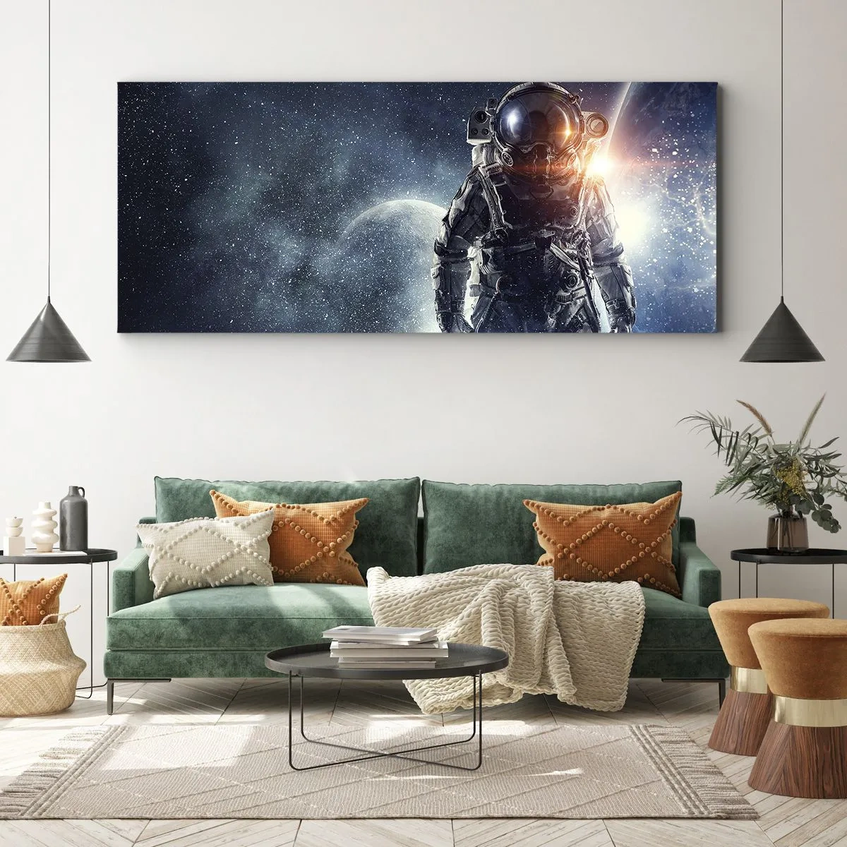 Obraz na płótnie - Astronauta na tle kosmosu i planety Ziemi - 120x50cm - Kosmiczna przygoda - Nowoczesna dekoracja ścienna do salonu i sypialni ARTTOR