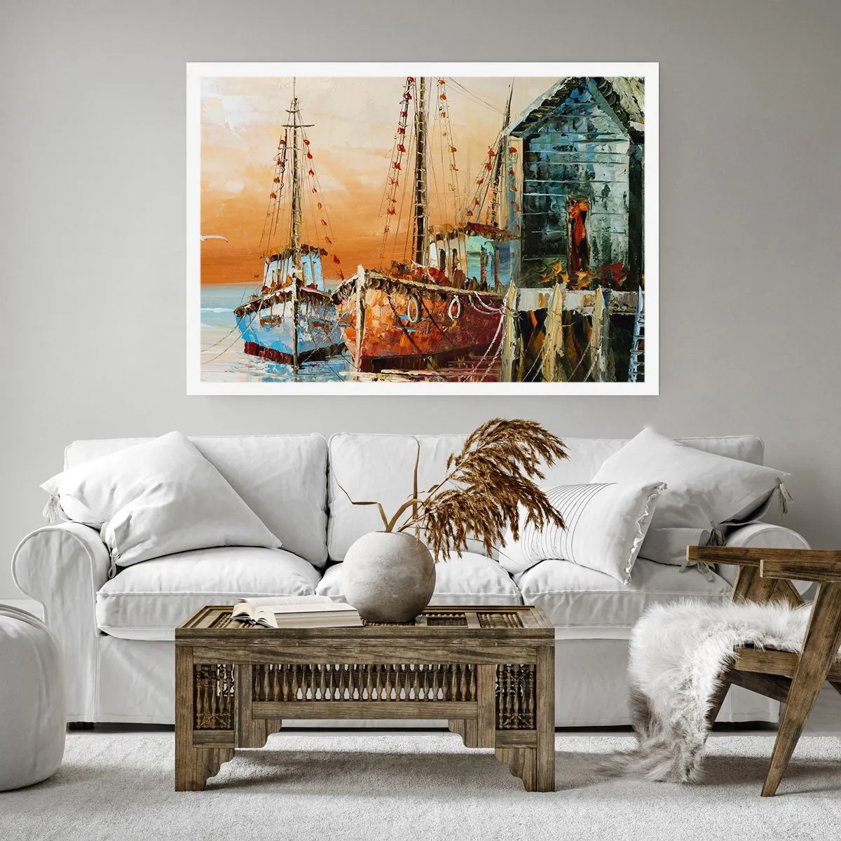 Plakat - Łodzie przy brzegu w ciepłym świetle zachodu słońca - 100x70cm - Spokojny powrót - Nowoczesna dekoracja ścienna do salonu i sypialni ARTTOR