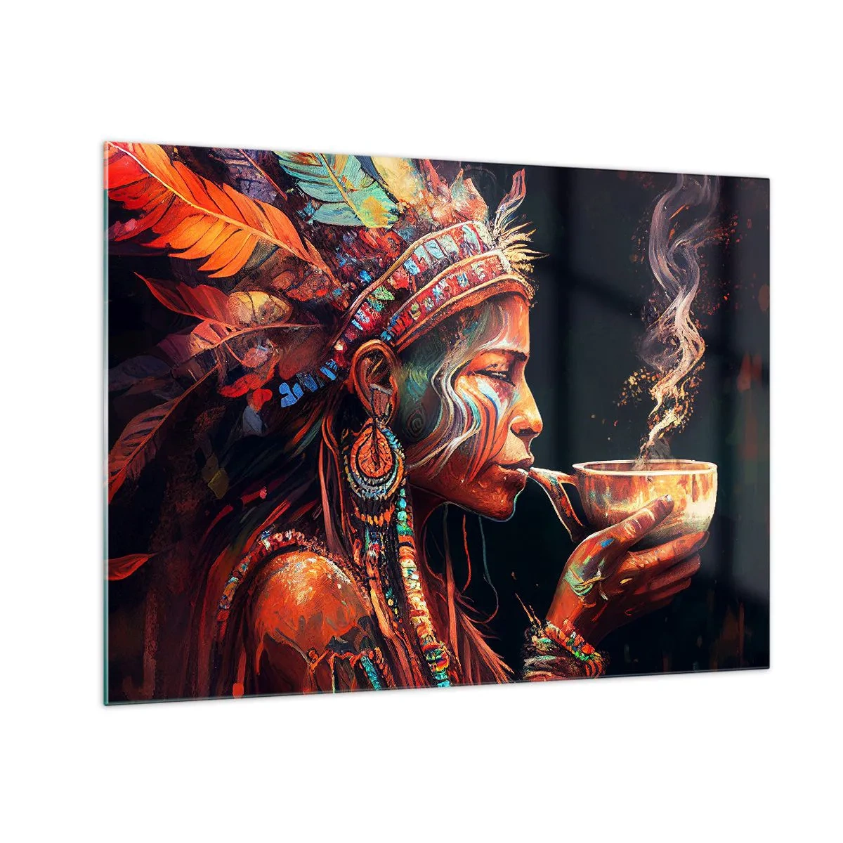 Obraz na szkle - Postać w pióropuszu pijąca napar w mistycznej atmosferze - 70x50cm - Magiczny rytuał - Nowoczesna dekoracja ścienna do salonu i sypialni ARTTOR