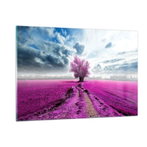 Obraz na szkle - Drzewo na wrzosowym polu pod dynamicznym niebem - 120x80cm - Wrzosowisko - uroczysko - Nowoczesna dekoracja ścienna do salonu, kuchni i sypialni ARTTOR