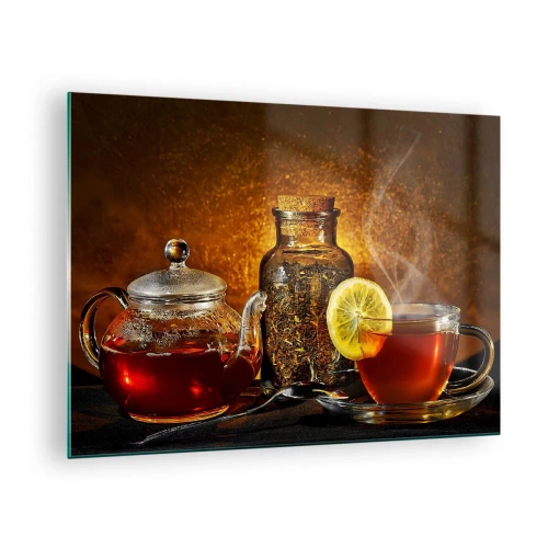Obraz na szkle - Szklany imbryk i filiżanka herbaty z cytryną - 70x50cm - W stylu holenderskich mistrzów - Nowoczesna dekoracja ścienna do salonu i sypialni ARTTOR