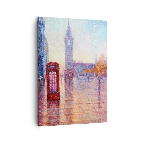 Obraz na płótnie - Big Ben i czerwona budka telefoniczna w deszczowy dzień w Londynie - 50x70cm - Londyński jesienny dzień - Nowoczesna dekoracja ścienna do salonu, kuchni i sypialni ARTTOR
