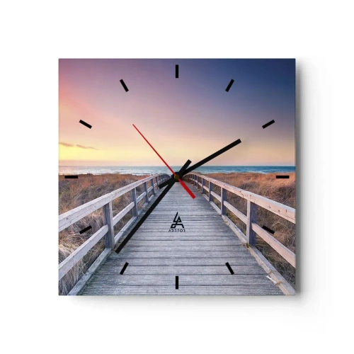 Zegar ścienny - Drewniany pomost prowadzący na plażę o zachodzie słońca z pastelowymi barwami nieba - 30x30cm - Bałtycka wieczorna zorza - Nowoczesna dekoracja ścienna do salonu i sypialni ARTTOR