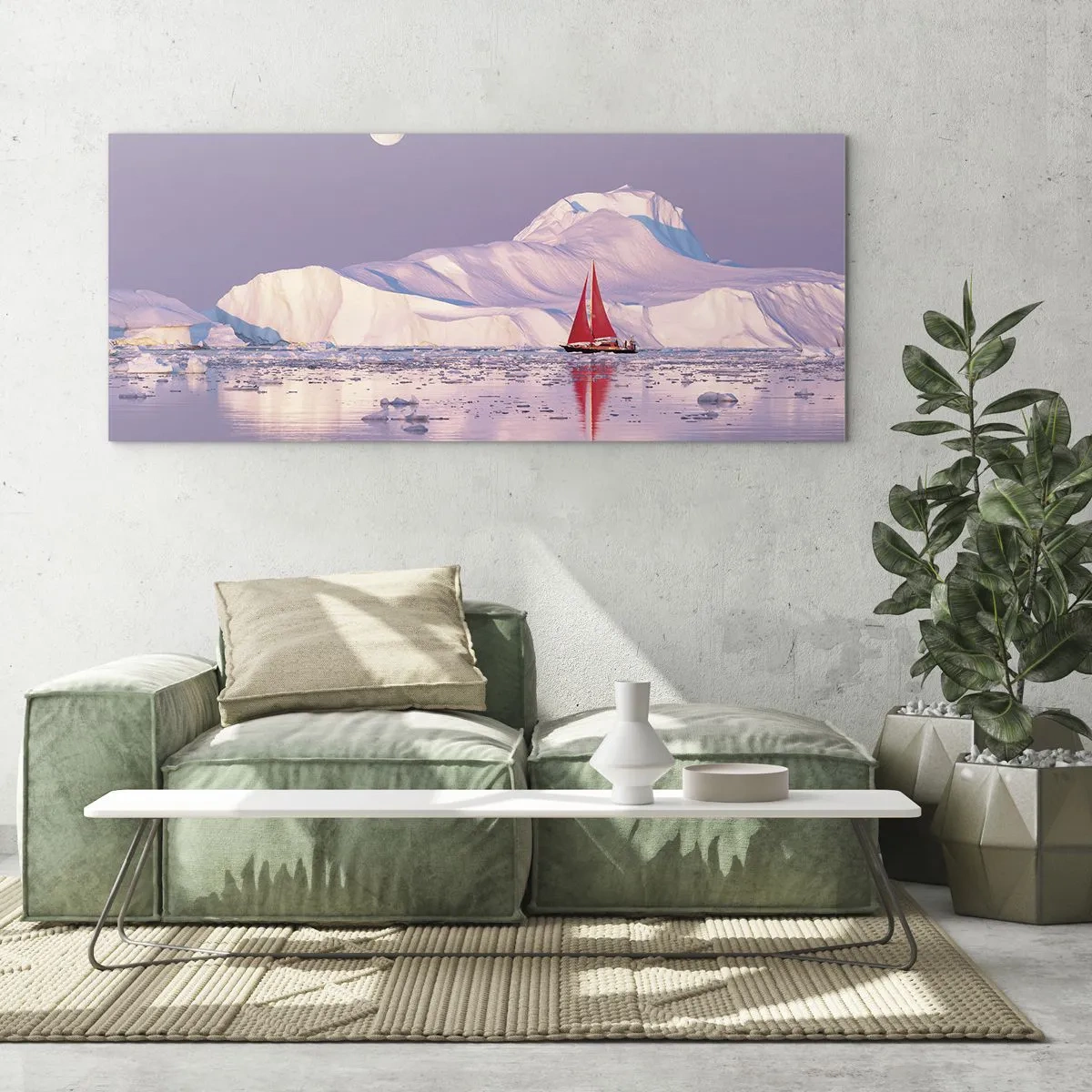 Obraz na szkle - Czerwony żagiel na tle lodowych gór i pełni księżyca - 120x50cm - Żar żagla, chłód lodu - Nowoczesna dekoracja ścienna do salonu i sypialni ARTTOR