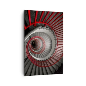 Obraz na płótnie - Spiralne schody z czerwonymi poręczami w dynamicznej perspektywie - 80x120cm - Zabawy architektury - Nowoczesna dekoracja ścienna do salonu i sypialni ARTTOR