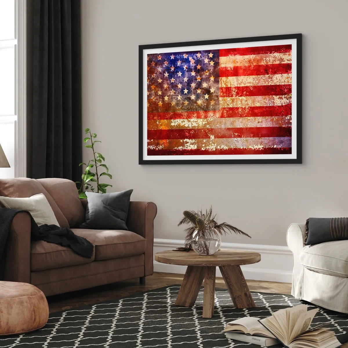 Plakat w czarnej ramie - Stylizowana flaga USA z efektem postarzenia - 100x70cm - Chwała nie przemija - Nowoczesna dekoracja ścienna do salonu i sypialni ARTTOR