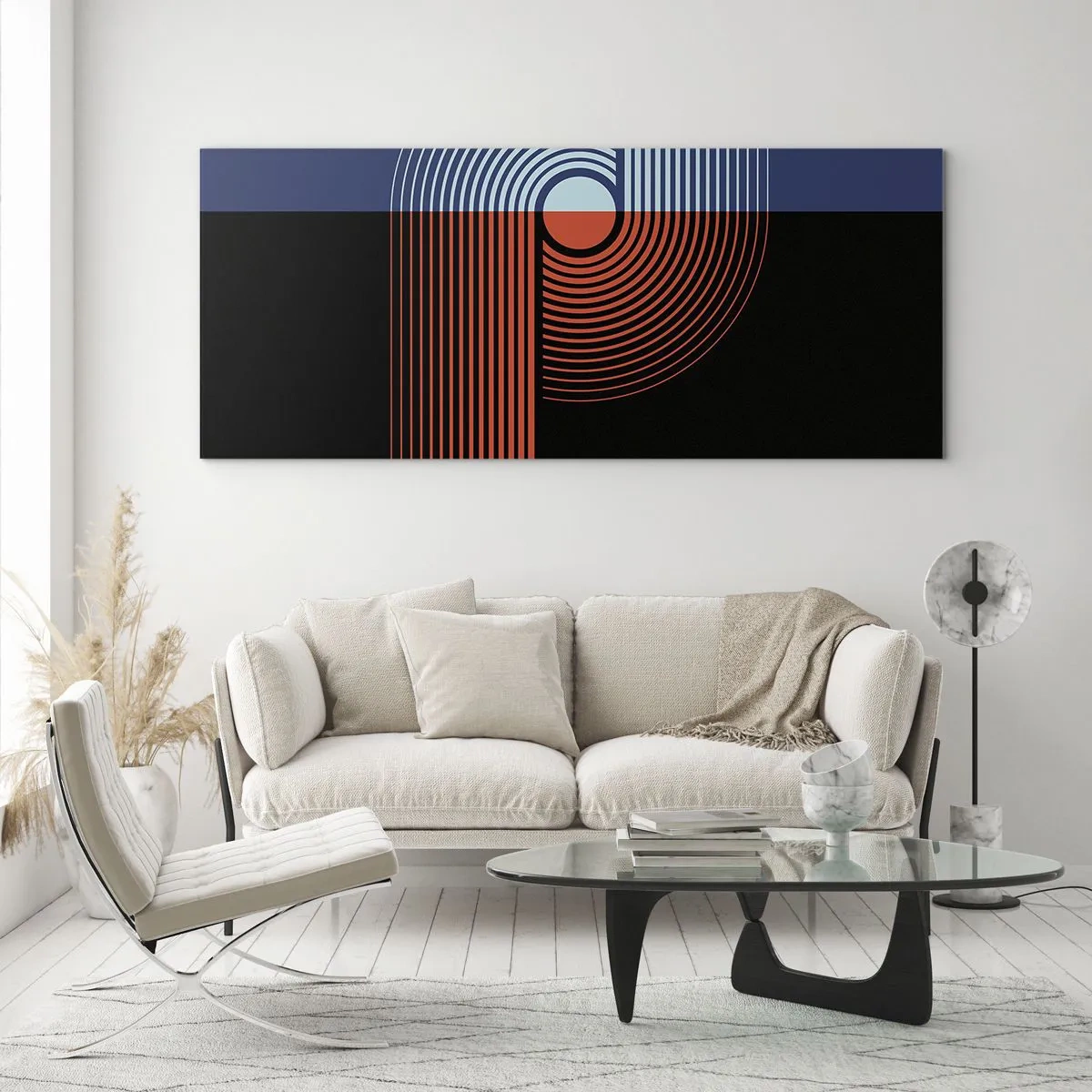 Obraz na szkle - Geometryczna abstrakcja z liniami w kolorach granatu i pomarańczu - 140x50cm - W geometrycznym uścisku - Nowoczesna dekoracja ścienna do salonu i sypialni ARTTOR