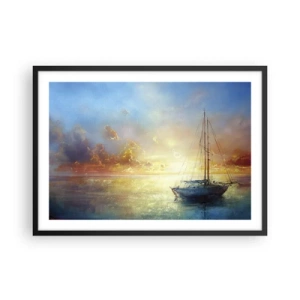 Plakat w czarnej ramie - Jacht na spokojnym morzu o zachodzie słońca - 70x50cm - W złotej zatoce - Nowoczesna dekoracja ścienna do salonu i sypialni ARTTOR