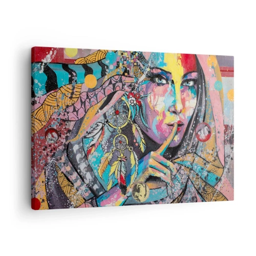 Obraz na płótnie - Kolorowa kobieca twarz w artystycznym stylu - 70x50cm - Milcz, aż zrozumiesz - Nowoczesna dekoracja ścienna do salonu i sypialni ARTTOR