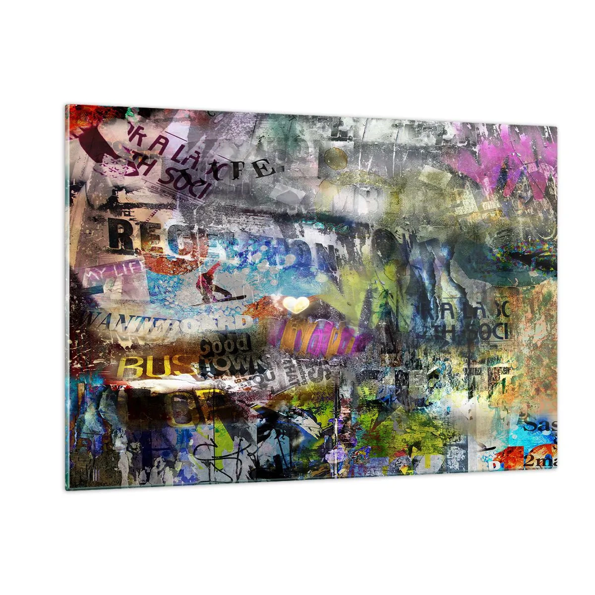 Obraz na szkle - Kolorowy kolaż graffiti w stylu abstrakcyjnym - 120x80cm - Kolaż wspomnień - Nowoczesna dekoracja ścienna do salonu, kuchni i sypialni ARTTOR
