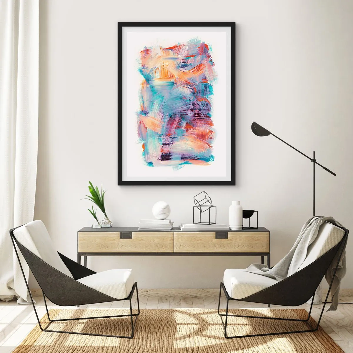 Plakat w czarnej ramie - Ekspresyjna abstrakcja w odcieniach pomarańczu i błękitu - 50x70cm - Kolorowy bałagan - Nowoczesna dekoracja ścienna do salonu i sypialni ARTTOR