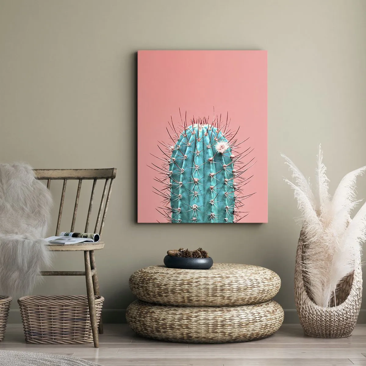 Obraz na płótnie - Nowoczesna fotografia niebieskiego kaktusa na różowym tle - 50x70cm - Tylko patrz - Nowoczesna dekoracja ścienna do salonu, kuchni i sypialni ARTTOR