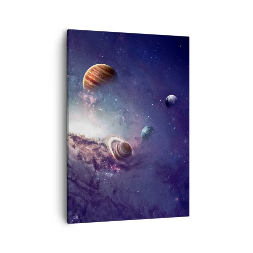 Obraz na płótnie - Planety Układu Słonecznego na tle galaktyki w odcieniach fioletu - 50x70cm - Układ słoneczno-taneczny - Nowoczesna dekoracja ścienna do salonu, kuchni i sypialni ARTTOR
