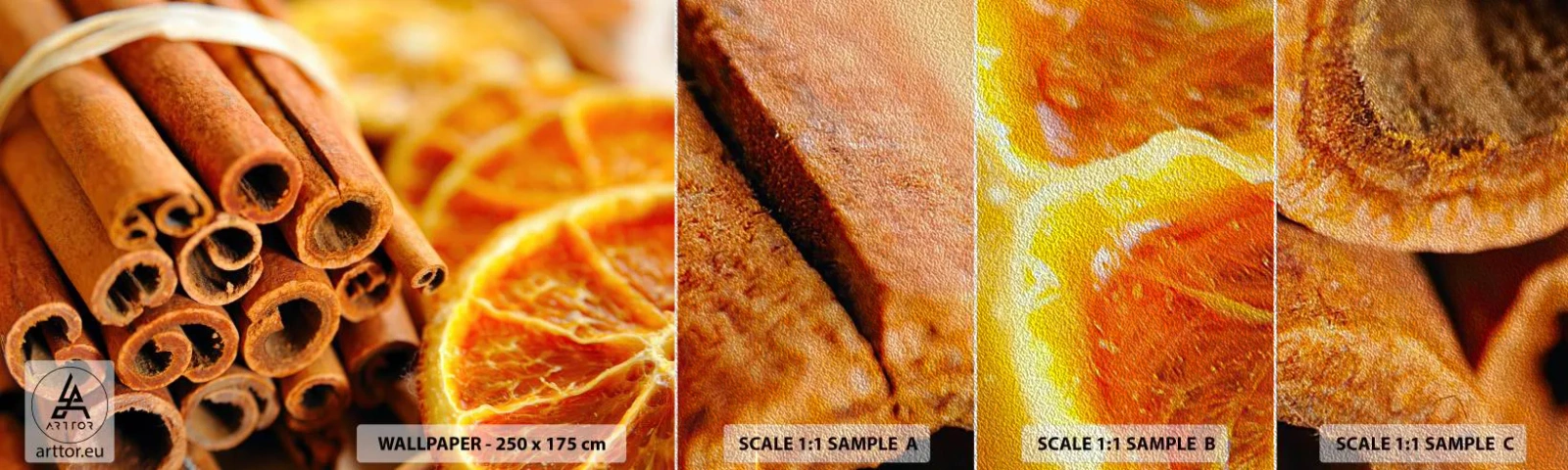 Fototapeta Próbka Premium Sand - Czujesz ich aromat? - Pomarańcza, Laska Cynamonu, Przyprawy - 100x30 cm