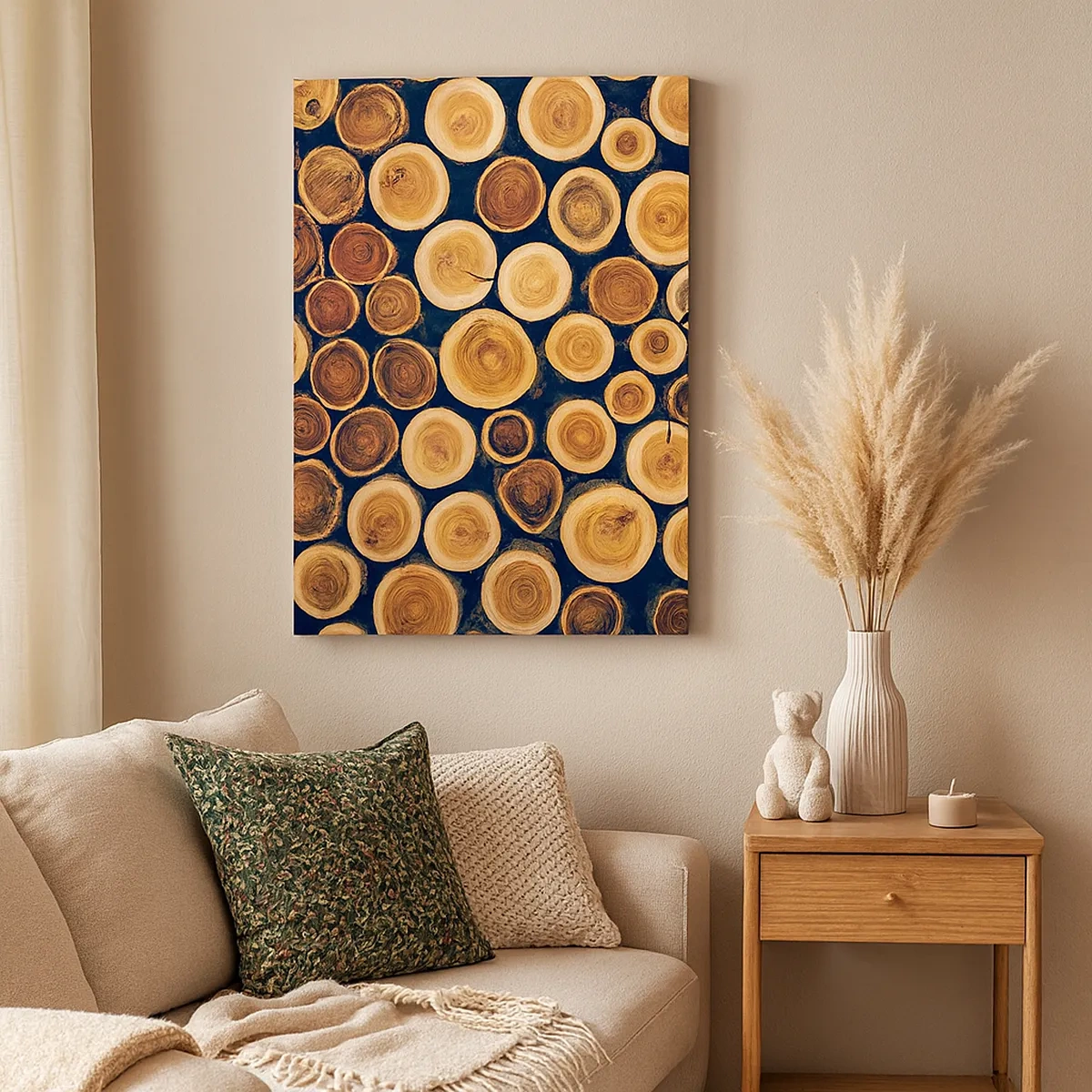 Obraz na płótnie - Ułożone pnie drzew ukazujące przekroje słojów w ciepłych barwach drewna - 50x70cm - Na ile lat wyglądam? - Nowoczesna dekoracja ścienna do salonu, kuchni i sypialni ARTTOR