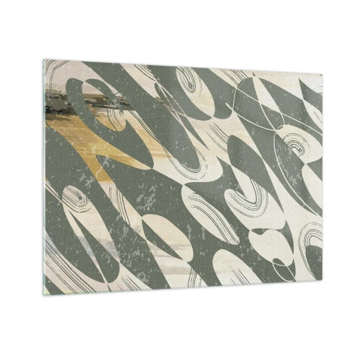 Obraz na szkle - Zielono-beżowa kompozycja z dynamicznymi formami organicznymi - 70x50cm - Abstrakcja zrytmizowana - Nowoczesna dekoracja ścienna do salonu i sypialni ARTTOR